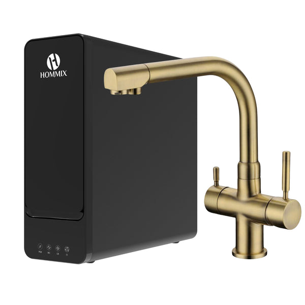 Hydro-1K Under Sink Tankless RO System With Hommix Berta Brushed Brass 3-Way Tap