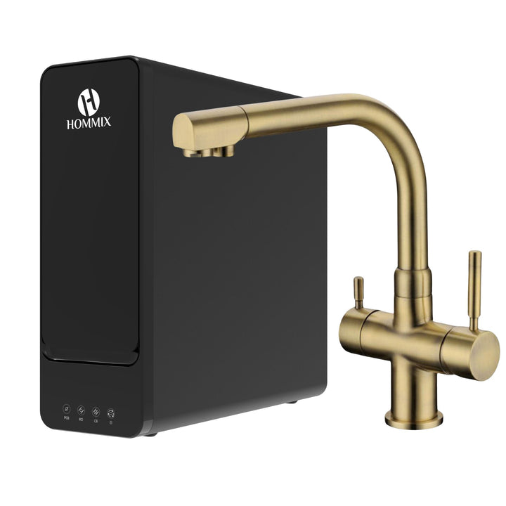 Hydro-1K Under Sink Tankless RO System With Hommix Berta Brushed Brass 3-Way Tap