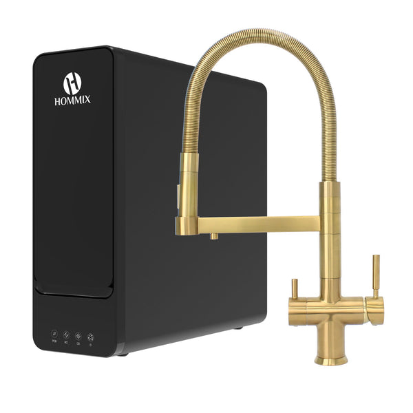 Hydro-1K Under Sink Tankless RO System With Hommix Savona Brushed Brass Pull-Out 3-Way Tap