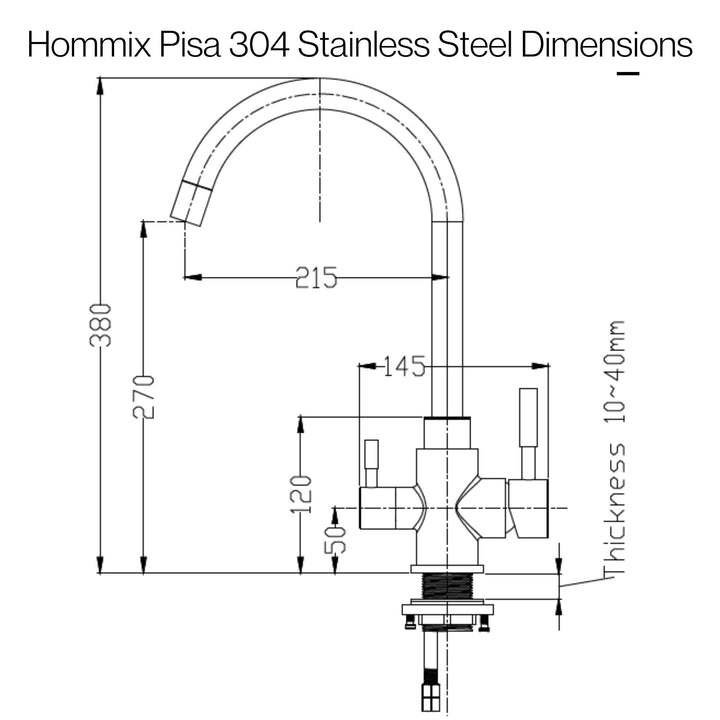 Diagram of the dimansions of the Hommix Pisa 304 Stainless Steel system