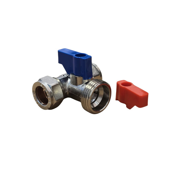 Hommix 15mm x 15mm x 3/4" Male Compression T-Valve – Brass, Swappable Red/Blue Quarter-Turn Handle