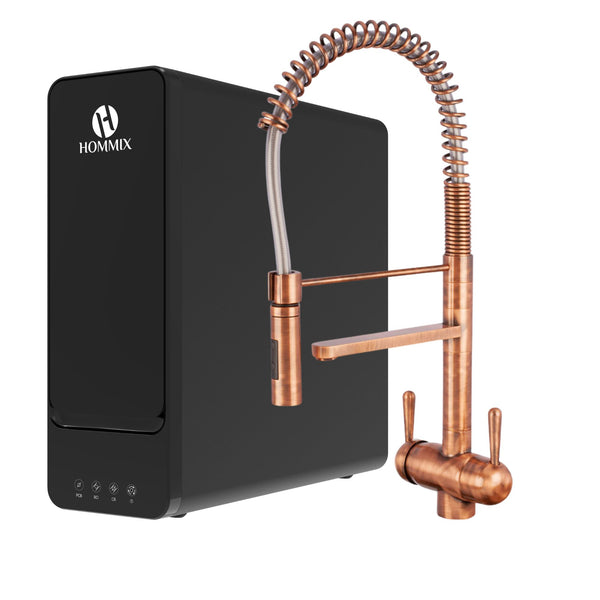 Hydro-1K Under Sink Tankless RO System With Hommix Tatiana Tall Copper Pull-Out 3-Way Tap
