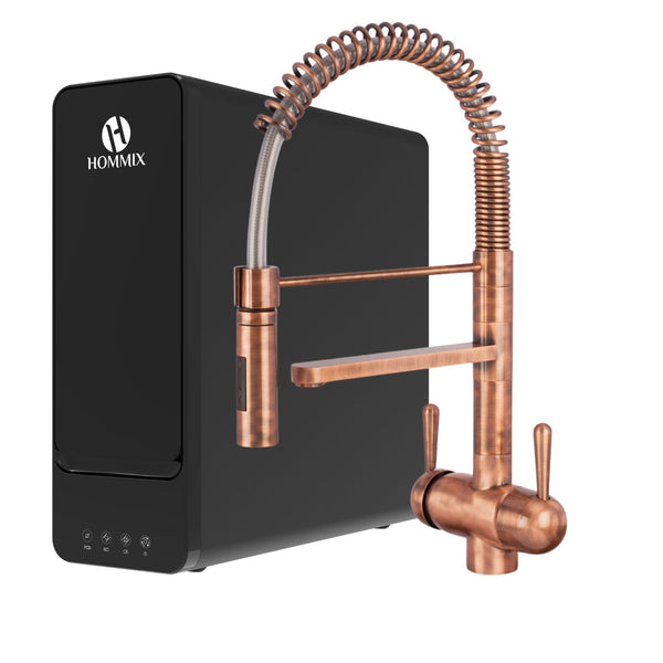 A Hommix hydro-1K under sink tankless RO system with copper 3-way tap