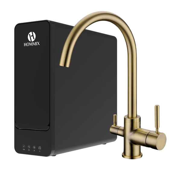 Hydro-1K Under Sink Tankless RO System With Hommix Verona Brushed Brass 3-Way Tap