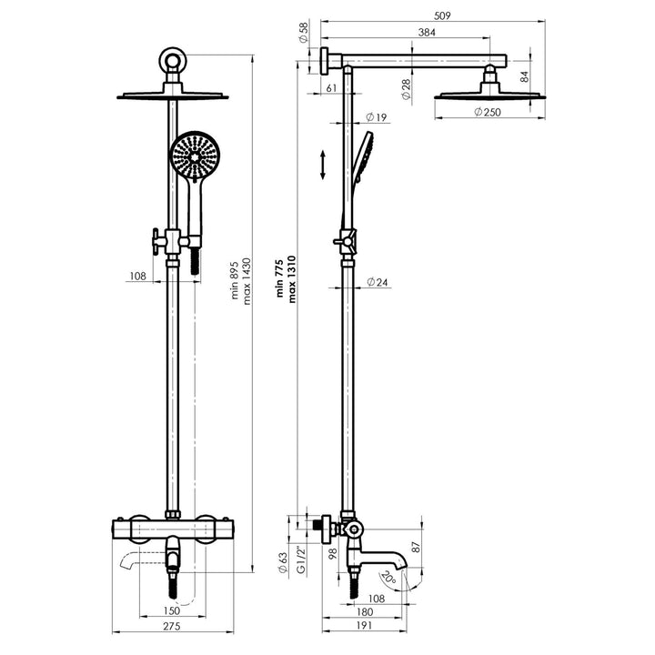 Hommix Rubineta Etna+Thermo-10 Thermostatic Chrome Shower Set - Hommix UK