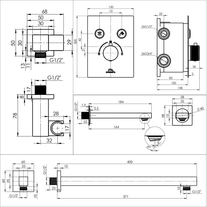 Hommix Rubineta Thermo-3F-Olo Chrome Concealed & Wall Mounted Shower Set