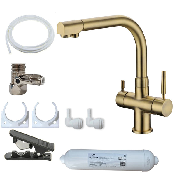 Hommix Berta Brushed Brass 3-Way Tap & Advanced Single Filter Under-sink Drinking Water & Filter Kit