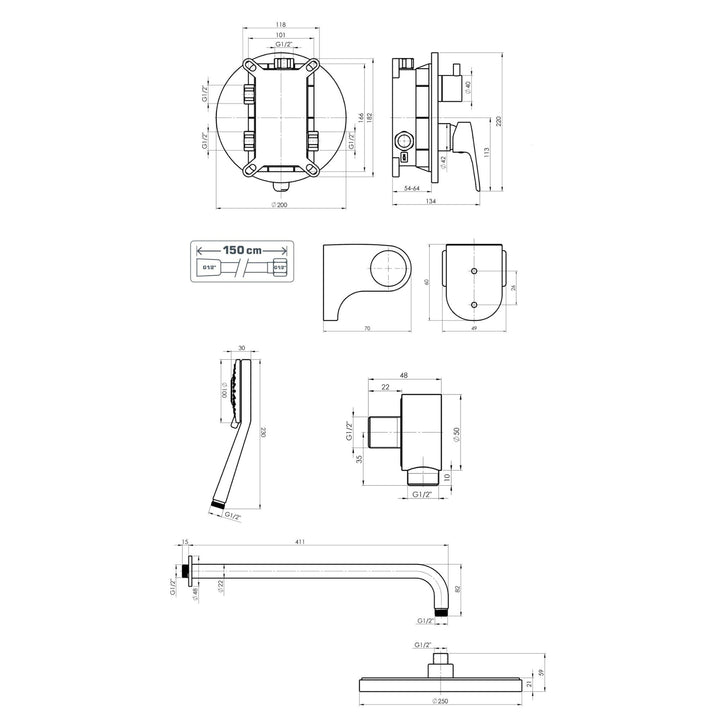 Hommix Rubineta Kubo-2F Chrome Concealed & Wall Mounted Shower Set