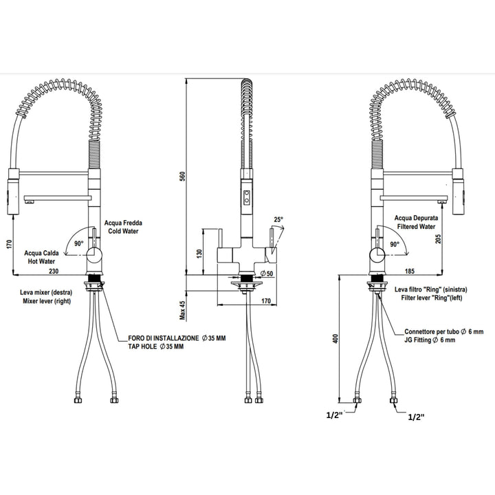 Hydro-1K Under Sink Tankless RO System With Hommix Luana Gold Pull-Out 3-Way Tap
