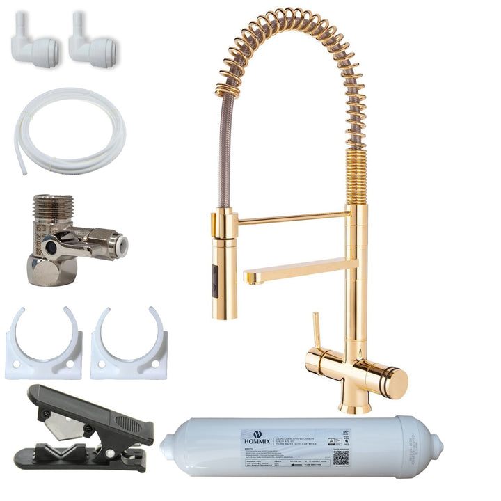 Hommix Luana Tall Gold Rubber Handle Pull-Out 3-Way Tap & Advanced Single Filter Under-sink Drinking Water & Filter Kit - Hommix UK