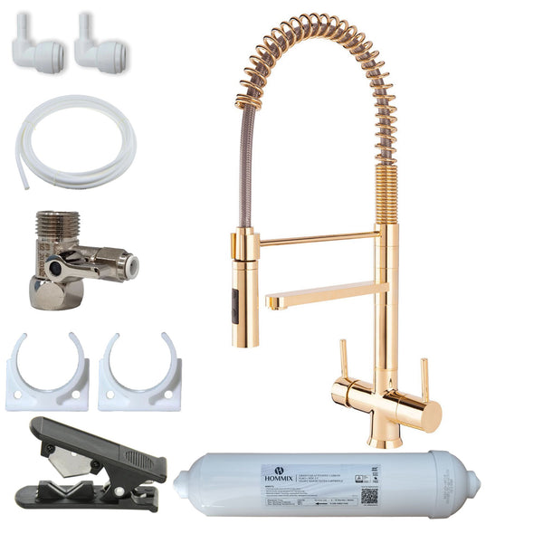 Hommix Luana Tall Gold Handle Pull-Out 3-Way Tap & Advanced Single Filter Under-sink Drinking Water & Filter Kit - Hommix UK