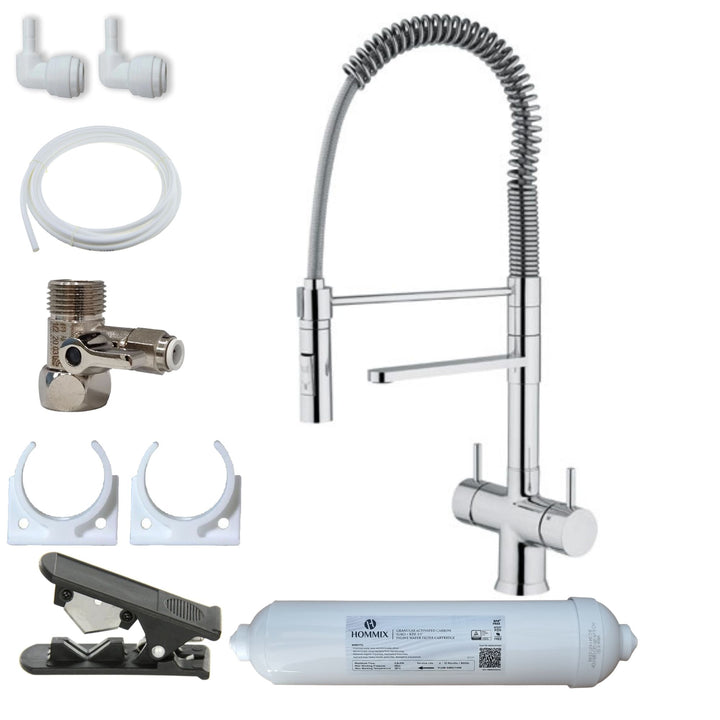 Hommix Miziana Tall Chrome 3-Way Tap Pull-Out & Advanced Single Filter Under-sink Drinking Water & Filter Kit - Hommix UK