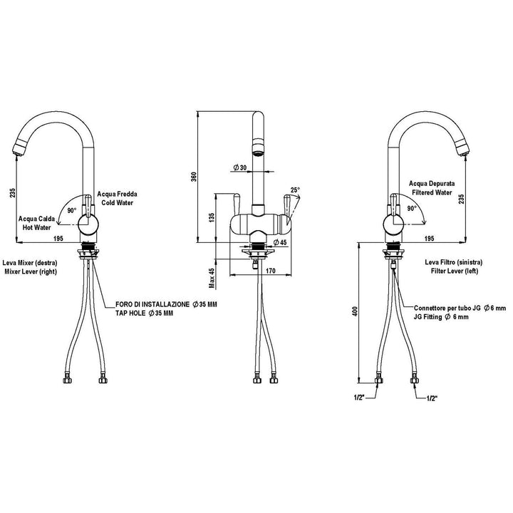 Hommix Pardenia Black 3-Way Tap & Advanced Single Filter Under-sink Drinking Water & Filter Kit