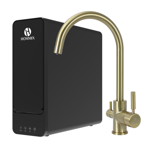 Hommix hydRO Under Sink Tankless RO System With Hommix Verona Brushed Brass 3-Way Tap