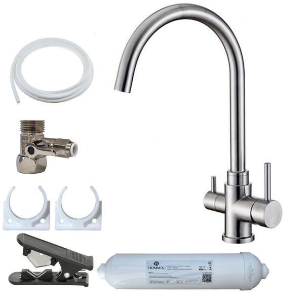 Hommix Pisa Brushed 304 Stainless Steel 3-Way Tap & Advanced Single Filter Under-sink Drinking Water & Filter Kit - Hommix UK