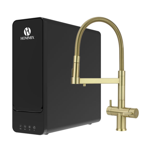 Hommix hydRO Under Sink Tankless RO System With Hommix Savona Brushed Brass Pull-Out 3-Way Tap