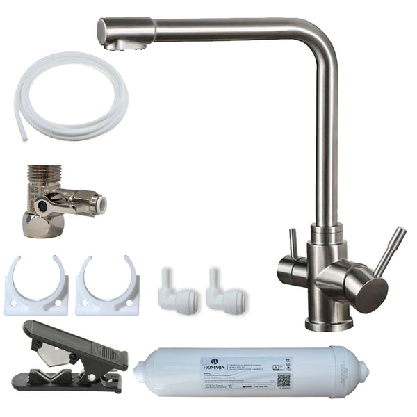 Hommix Sasani Brushed 304 Stainless Steel 3-Way Tap & Advanced Single Filter Under-sink Drinking Water & Filter Kit - Hommix UK