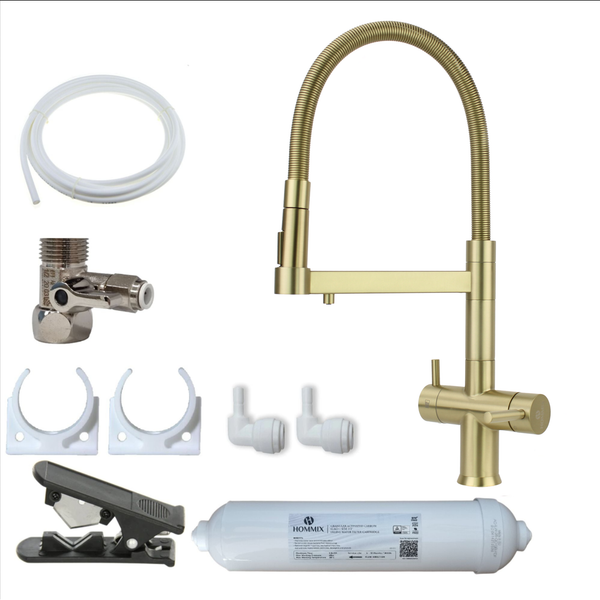 Hommix Savona Brushed Brass 3-Way Tap & Advanced Single Filter Under-sink Drinking Water & Filter Kit