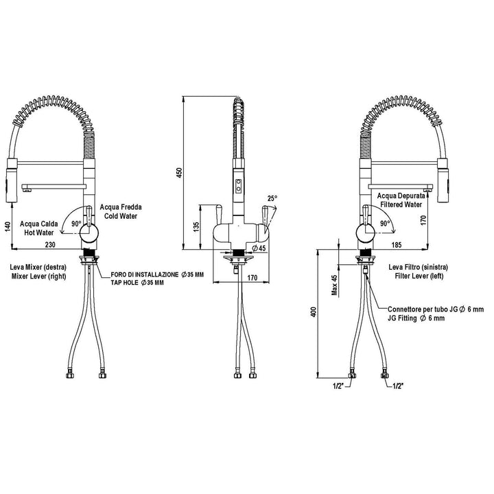 Hommix Tatiana Copper Handle 3-Way Tap Pull-Out Advanced Single Filter Under-sink Drinking Water & Filter Kit