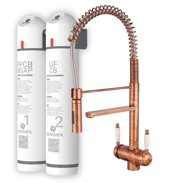 Hommix Ultra UF & Softening Drinking Water Filter with Tatiana Tall Copper White Handles