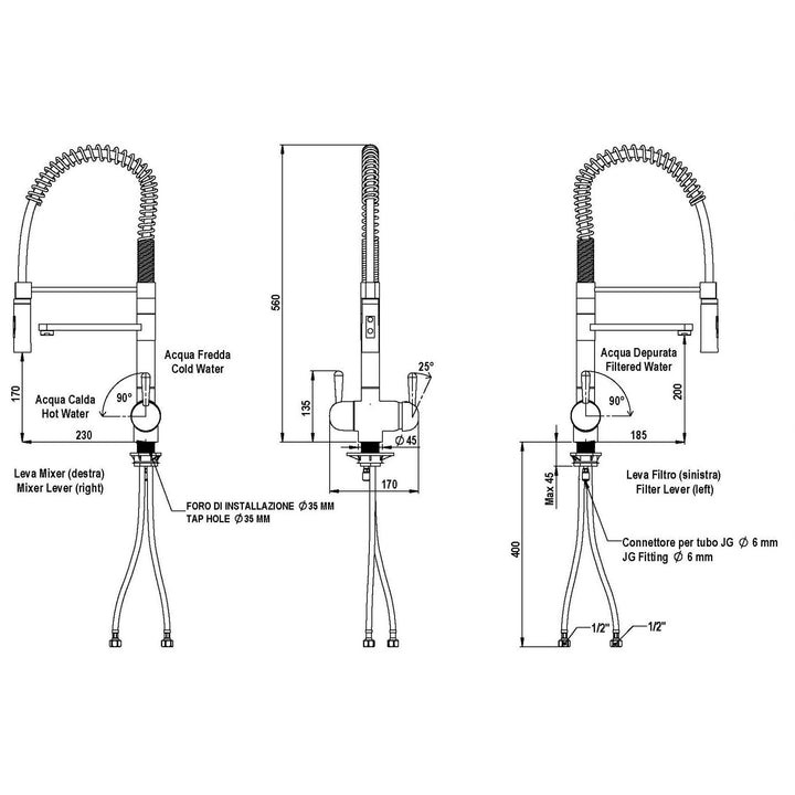 Hommix Tatiana Tall Copper Handle 3-Way Tap Pull-Out Advanced Single Filter Under-sink Drinking Water & Filter Kit