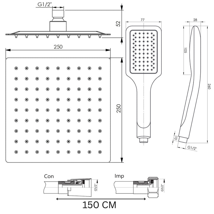 Hommix Rubineta Thermo-3F-Olo Chrome Concealed & Wall Mounted Shower Set