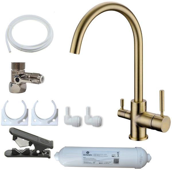 Hommix Verona Brushed Brass 3-Way Tap & Advanced Single Filter Under-sink Drinking Water & Filter Kit - Hommix UK