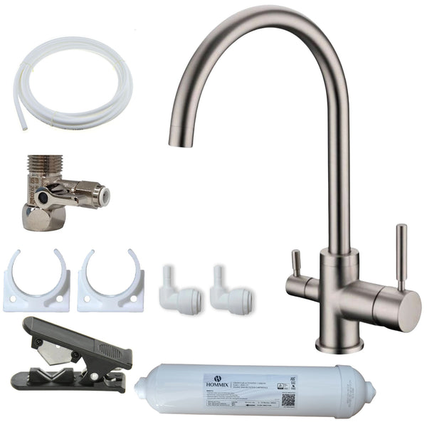 Hommix Verona Brushed Nickel 3-Way Tap & Advanced Single Filter Under-sink Drinking Water & Filter Kit - Hommix UK