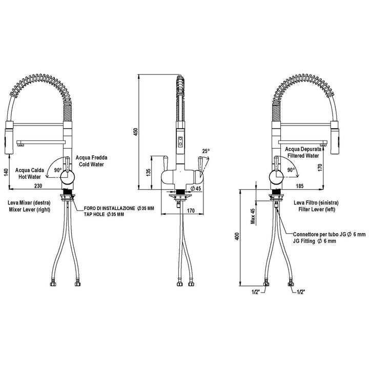 Technical drawing of a Hommix mixer tap with dimensions, installation hole size, water inlet specifications, and filter lever details.