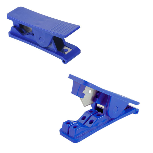 Blue Tube cutter for plastic tubes with safety open and close function