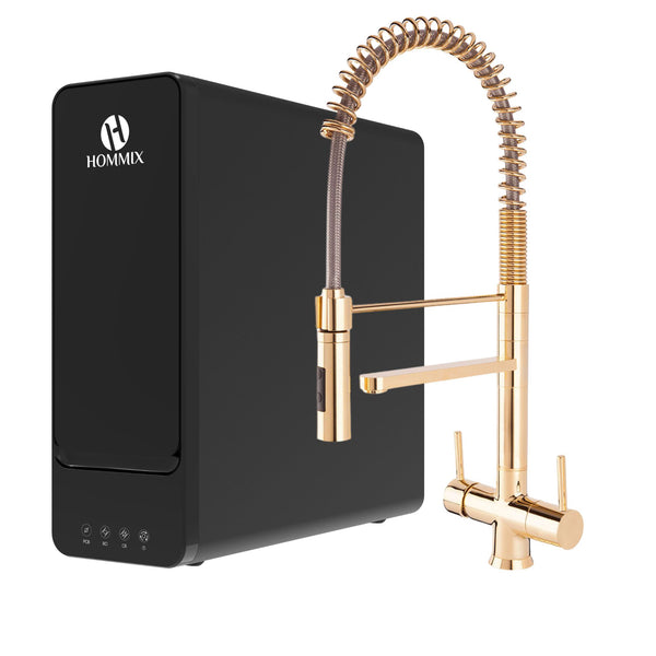 Hydro-1K Under Sink Tankless RO System With Hommix Luana Gold Pull-Out 3-Way Tap