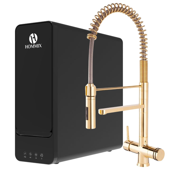 Hydro-1K Under Sink Tankless RO System With Hommix Luana Gold Pull-Out 3-Way Tap