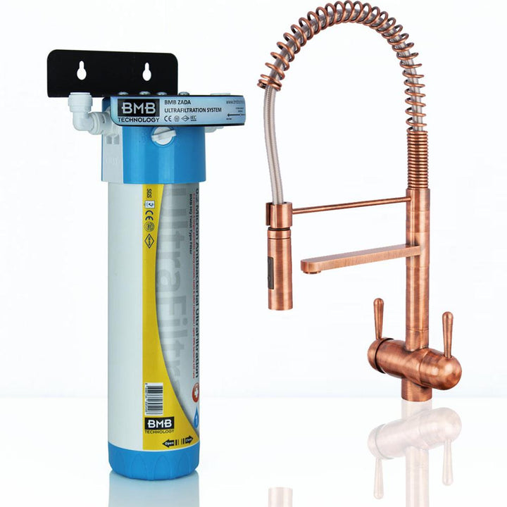 BMB Zada Under Sink Inline Water Filter System with Hommix Tatiana Tall Modern Copper Filter Tap - Hommix UK