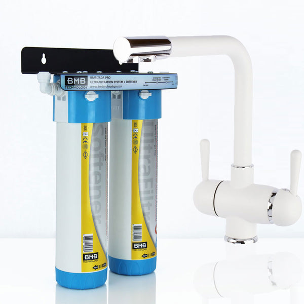 BMB Zada Pro Under Sink Inline Water Filter System with Hommix Parma White 3-Way Triflow Tap - Hommix UK