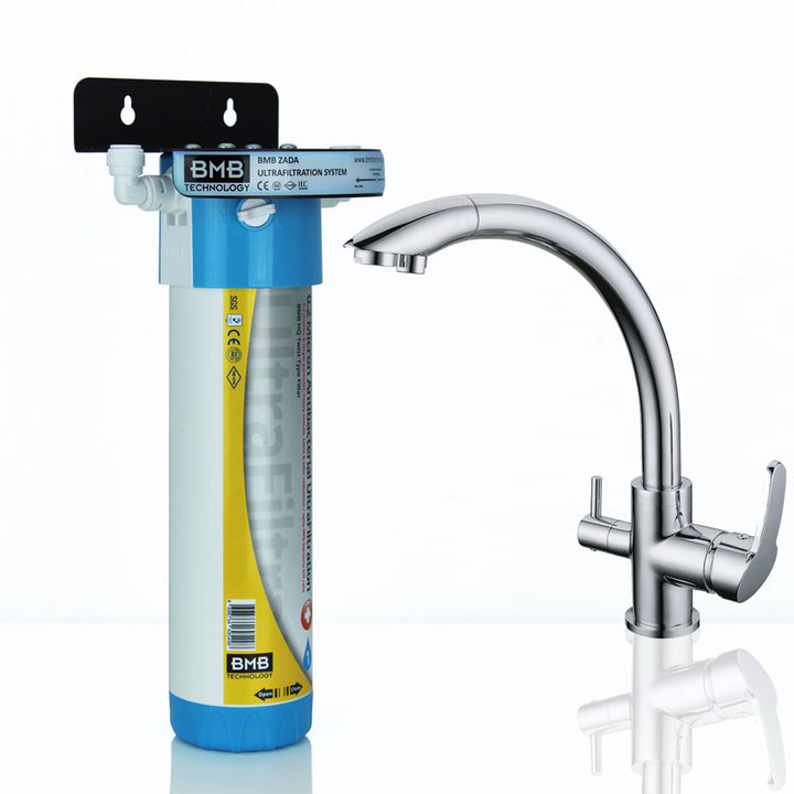 BMB Zada Under Sink Inline Water Filter System with Hommix Vega Chrome 3 Way Triflow Filter Tap - Hommix UK