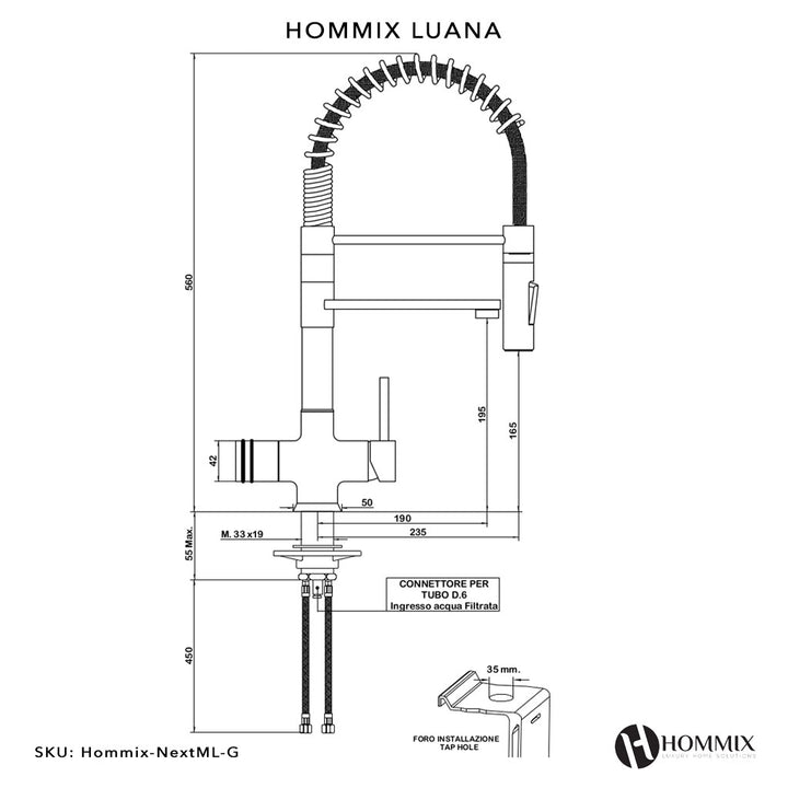 Hommix Luana Tall Gold Pull-Out Spray-Hose 3-Way Tap (Triflow Filter Tap) - Hommix UK