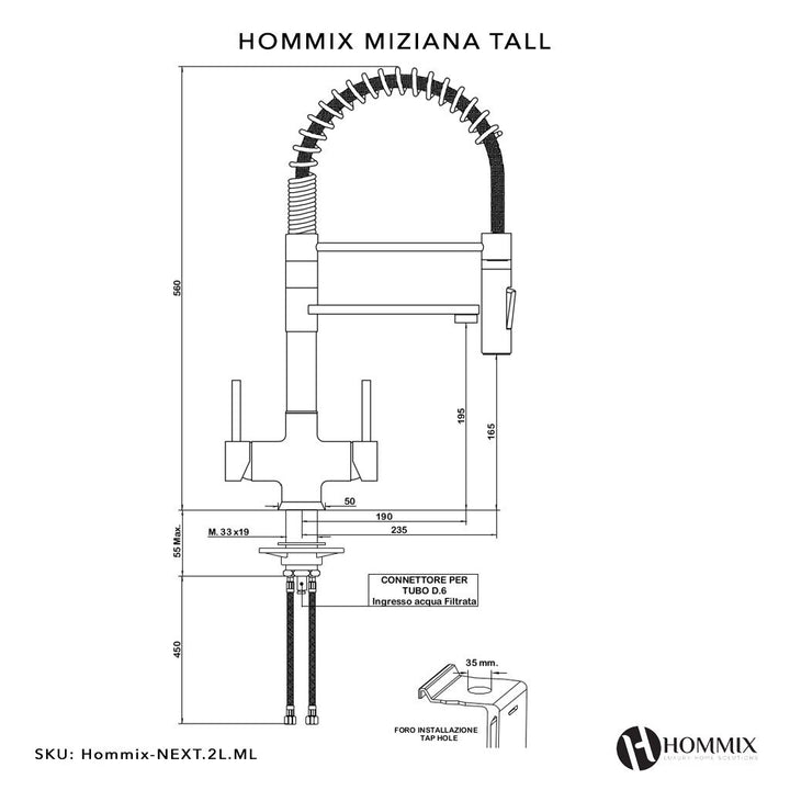 Hommix Miziana Tall Brushed Pull-Out Spray-Hose 3-Way Tap (Triflow Filter Tap) - Hommix UK