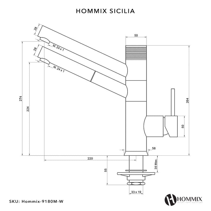 Hommix Sicilia Chrome Pull-Out Spray-Hose 3-Way Tap (Triflow Filter Tap) - Hommix UK