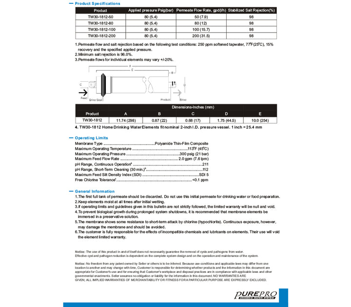 Pure-Pro 50GPD Reverse Osmosis (RO) Membrane (USA) (TW30-1812-50) - Hommix UK